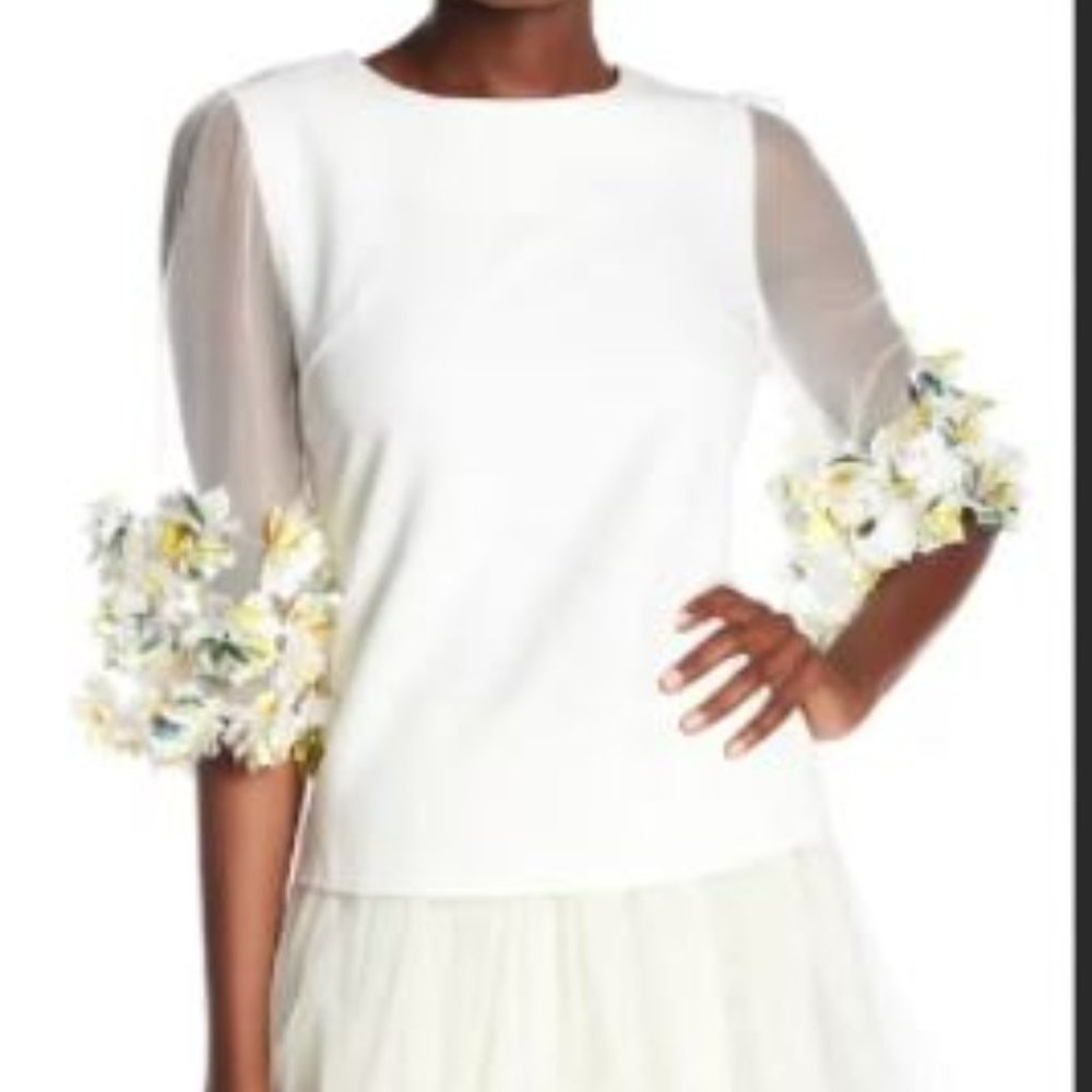 Gracia Floral Applique Sheer Sleeve Blouse